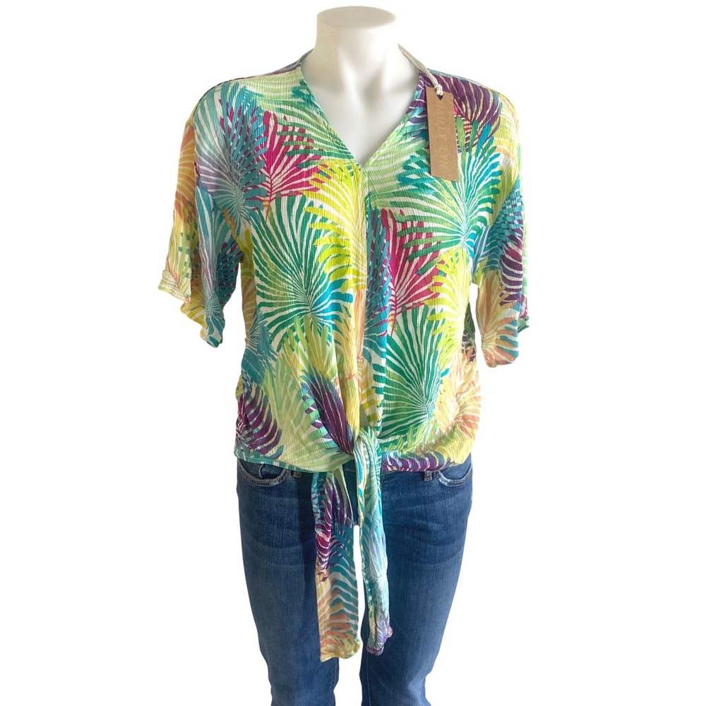 Hailey Lyn Women Tropical Palm Print Front Tie V-Neck Rayon Top Rift Multi S